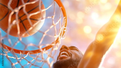 Close-up shot of a basketball dunk with the ball going through the hoop under intense sunlight. Generative AI photo