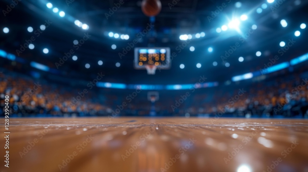 custom made wallpaper toronto digitalClose-up view of a basketball court with a blurred audience and an incoming basketball towards the hoop. Generative AI