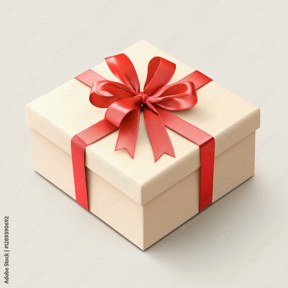 Fototapeta premium Flat modern gift box with clean lines, vibrant red ribbon, isolated on a simple white background 
