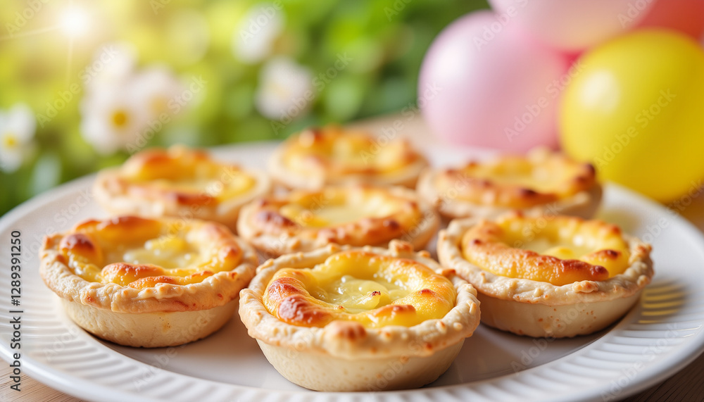 Mini quiches arranged on festive table under bright daylight, celebratory brunch Mini quiches arranged on festive table under bright daylight, celebratory brunch