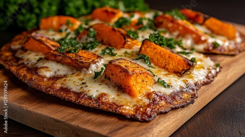 A pizza topped with roasted sweet potatoes mozzarella cheese and fresh kale on a whole wheat crust. Generative AI photo