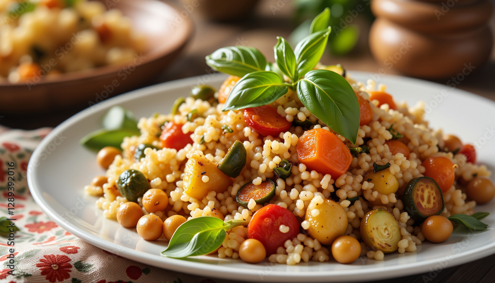 Enticing Moroccan couscous with vegetables on patterned cloth, culinary delight Enticing Moroccan couscous with vegetables on patterned cloth, culinary delight