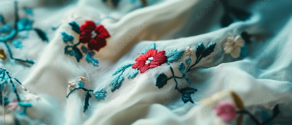 Close-up of floral embroidery on fabric, showcasing intricate patterns and vibrant colors, reflecting craftsmanship and creative artistry in textile design. Close-up of floral embroidery on fabric, showcasing intricate patterns and vibrant colors, reflecting craftsmanship and creative artistry in textile design.