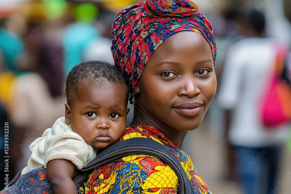 Mother carrying child on her back in vibrant traditional attire, showcasing love and connection in a bustling market environment, cultural heritage concept Mother carrying child on her back in vibrant traditional attire, showcasing love and connection in a bustling market environment, cultural heritage concept