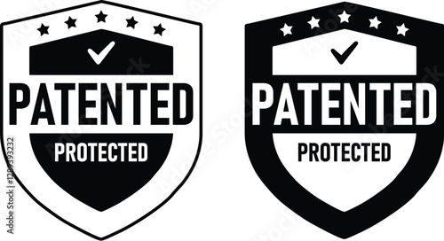 Patented Protected, Technology, Intellectual Property, Patent Applied logo, badge, icon, sticker, label, emblem, stamp, symbol, black, line circle, flat vector, isolated illustration.