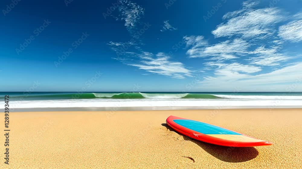 A brightly colored surfboard resting on soft golden sand, with gentle waves rolling in the background under a bright blue sky, evoking a relaxed beach vibe. A brightly colored surfboard resting on soft golden sand, with gentle waves rolling in the background under a bright blue sky, evoking a relaxed beach vibe.
