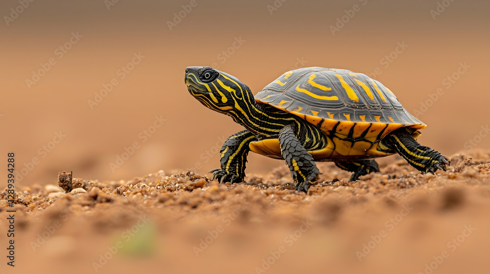 Obraz premium Baby turtle walking on dry ground, blurred background, wildlife habitat, nature conservation