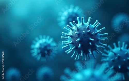 Close up of a blue virus with many spikes. The virus is surrounded by a blue background. For background, poster, banner