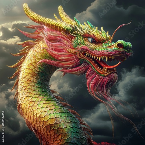 A grand, multicolored Eastern dragon with golden horns and scales is shown, its mouth wide open, displaying sharp teeth and a lengthy tongue, all set against a backdrop of clouds photo