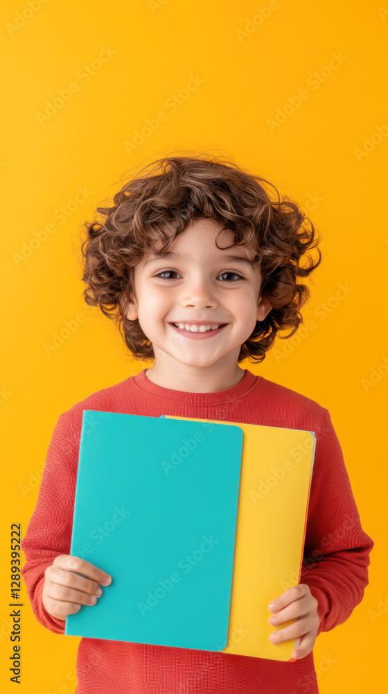 Cheerful child holding a colorful schedule against a vibrant orange background Cheerful child holding a colorful schedule against a vibrant orange background