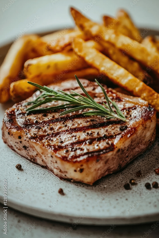 Gourmet steak with rosemary and fries on rustic plate Gourmet steak with rosemary and fries on rustic plate
