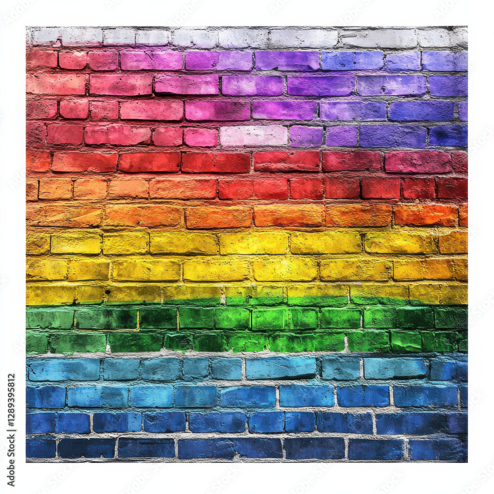 Fototapeta premium LGBTQ+ pride logo painted on a brick wall with rainbow colors, urban street style, isolated white background, cinematic 8K hyper-realism 