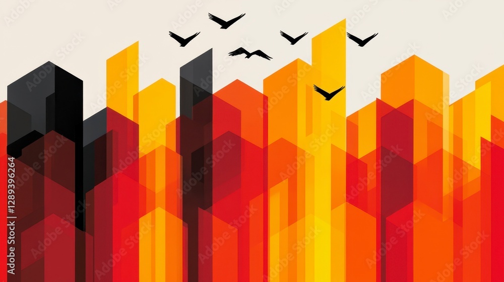 Abstract geometric landscape with vibrant shades of red, orange, and yellow complemented by silhouettes of flying birds. Abstract geometric landscape with vibrant shades of red, orange, and yellow complemented by silhouettes of flying birds.