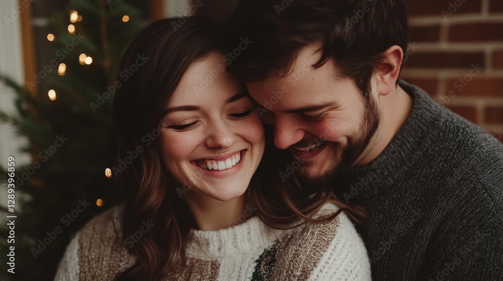 Fototapeta premium A Smiling Couple Celebrating Together Next to a Christmas Tree