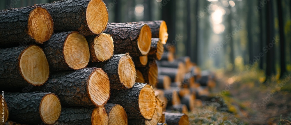 Neatly stacked logs bask in a serene forest's morning light, casting gentle shadows, evoking harmony with nature and human industry. Neatly stacked logs bask in a serene forest's morning light, casting gentle shadows, evoking harmony with nature and human industry.