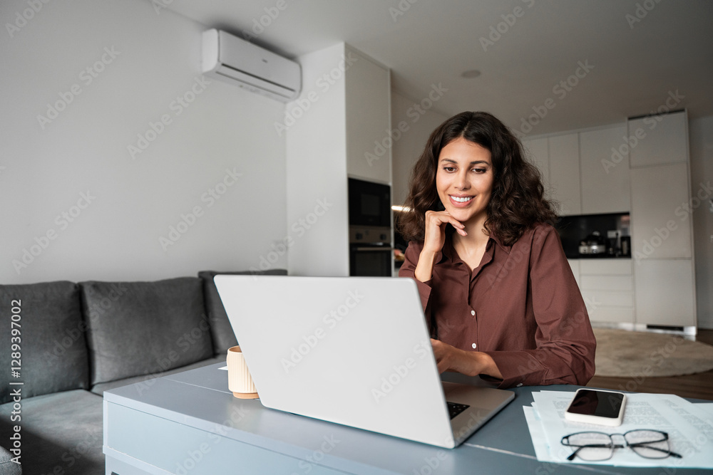 Smiling business woman entrepreneur using pc for online remote freelance work. Adult female freelancer financial specialist searching, typing on laptop computer, working from home. Banner, copy space Smiling business woman entrepreneur using pc for online remote freelance work. Adult female freelancer financial specialist searching, typing on laptop computer, working from home. Banner, copy space