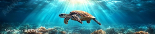 A tranquil sea turtle swimming through a clear sunlit underwater coral garden. Generative AI