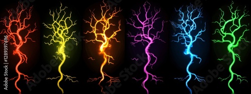 Colorful and vibrant tree silhouette illuminated against a dark background, showcasing electric neon branches and creative design elements in a striking gradient.