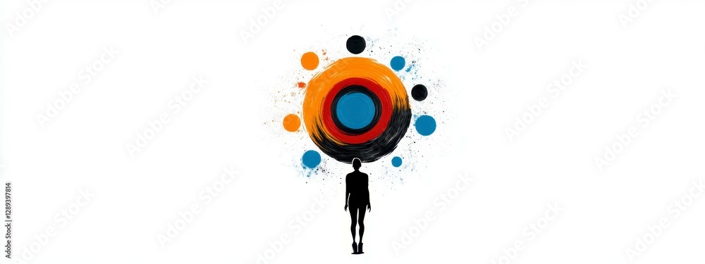 Obraz premium Silhouette of a person standing before a radiant circle of vibrant colors, representing creativity and exploration in an abstract art setting.