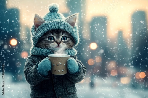 Animal welfare. Comical pets. Happy cute baby cat pixiebob in winter warm clothes, holding steaming cup with rising steam in paws. Pet winter style. Kitten winter blanket. Winter cat collar. photo