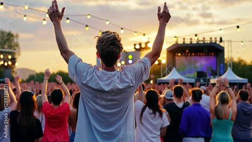 Man enjoying outdoor concert sunset crowd