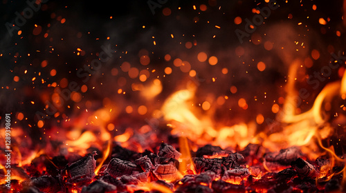 A close-up image of glowing fire and burning embers with bright sparks flying. This image captures the intense heat, energy, and motion of fire, representing power and destruction. photo