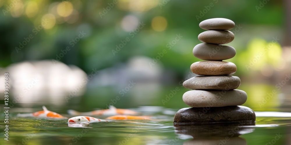 Obraz premium zen rock garden, tranquil riverside with a slender, balanced stone stack in the foreground and serene ripples with koi fish in the blurred background