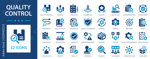 Quality control vector icon set. Quality assurance, inspection, certificate, quality check, improve, evaluation, traceability.