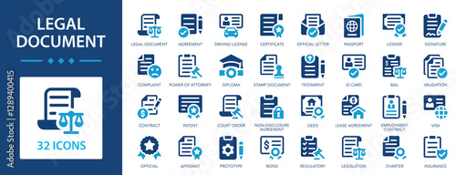 Legal document flat icons collection. Agreement, license, declaration, contract, ID card, permission, grant sign set.