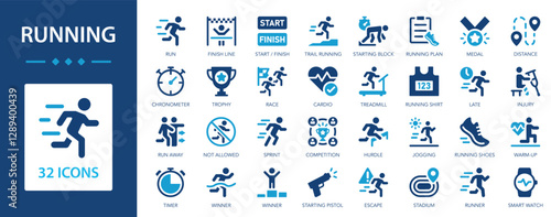 Running flat icons collection. Race, runner, treadmill, sport, run, chronometer, activity, finish, trophy sign set.