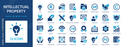 Intellectual property flat icons collection. Property, copyright, brand, trademark, patent, idea, licence, protection, invention sign set.