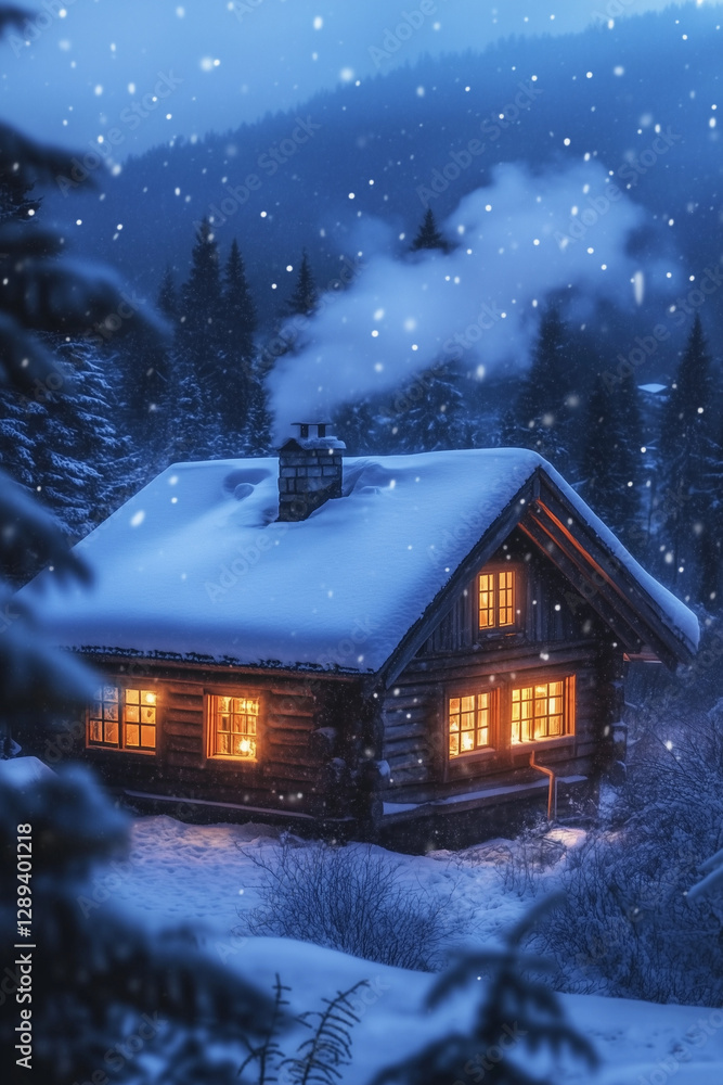 Fototapeta premium A cozy cabin in the mountains, warm glowing lights from the windows, snowfall gently covering the wooden roof, smoke coming from the chimney, winter night