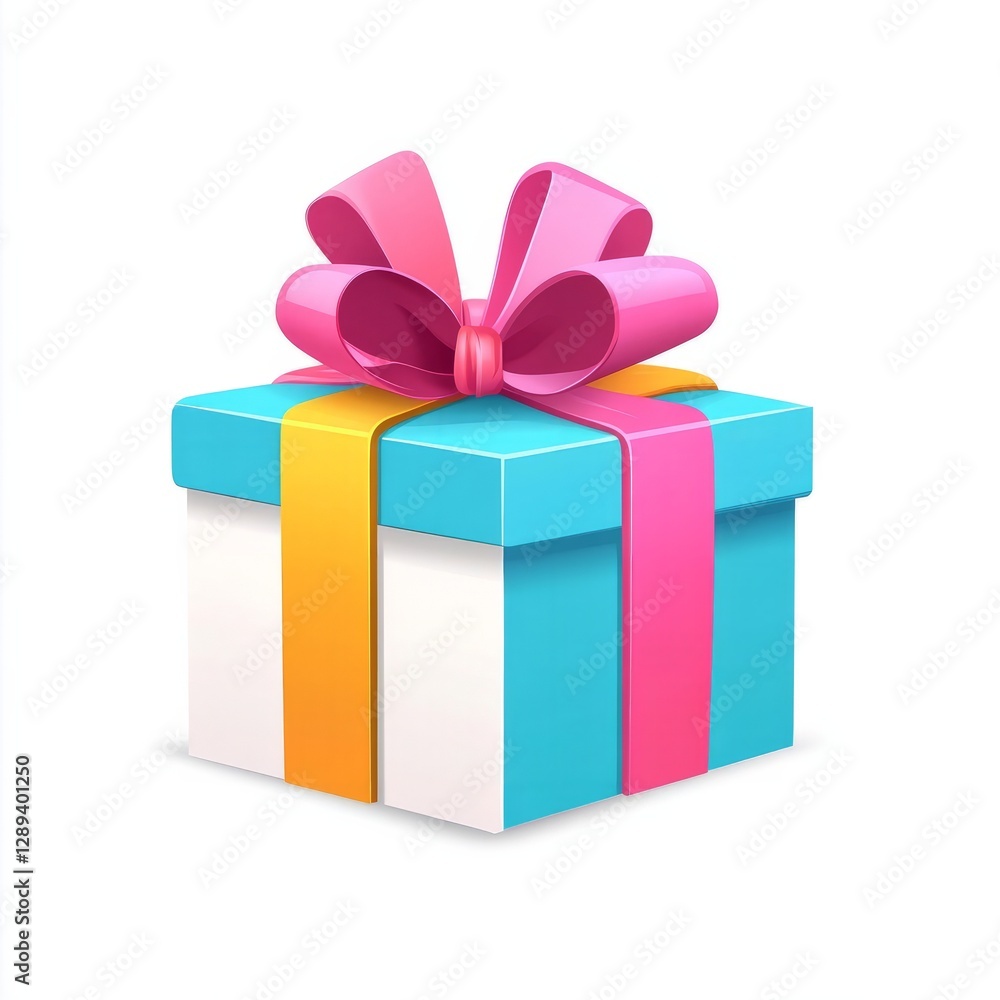 Obraz premium Simplistic flat gift box with bright ribbon design, trendy and clean, isolated neatly on white 