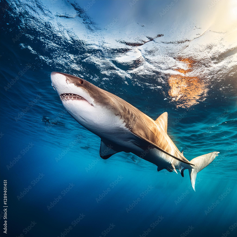Naklejka premium Enorme squalo nuota nelle acque dell'oceano