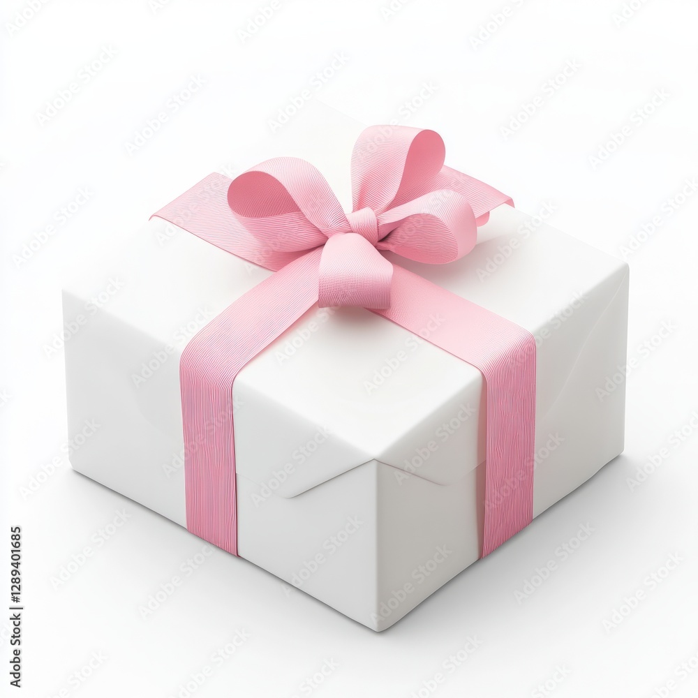 Obraz premium Stylish flat design gift box, clean geometric shape, single ribbon and bow, modern aesthetic, white background 