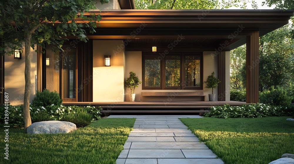 Fototapeta premium Front porch and entrance to new home Nice contrast brown house and green grass House