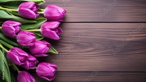 pink tulips on a wooden background with copy space