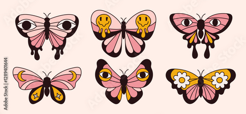 Psychedelic butterflies. Groovy hippie insects. Patterned bug wings. Boho style. Vintage objects. Color eyes, daisy flowers and emoticons. Flying mole. Summer moth. Garish vector set