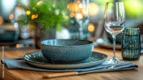 Teal dinnerware on wooden table with festive background photo