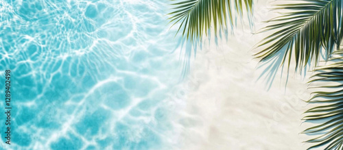 palm leaf shadow and blue water wave at sand beach from above, empty tropical nature background banner concept with copy space for travel, vacation and relaxation outdoors