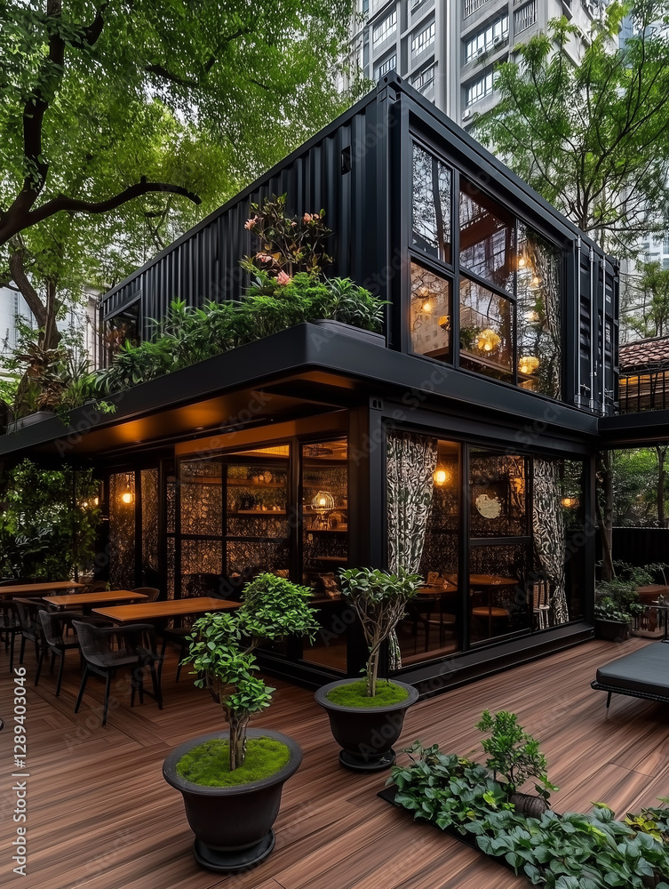 Fototapeta premium Stylish Black Shipping Container Home with Bonsai and Outdoor Lounge