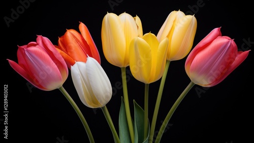 colored tulips on a black background 