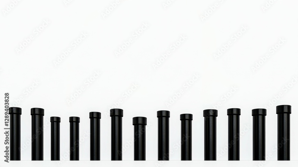 An artistic arrangement of black cylindrical tubes in ascending size on a clean white background