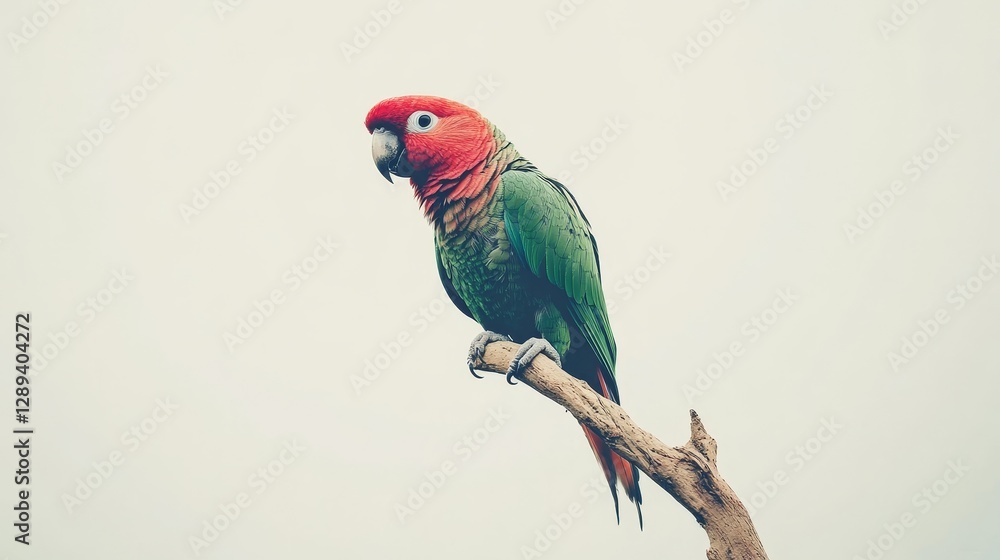 Obraz premium Small, vibrant green and red parrot with a crest perched on a branch against a white background.