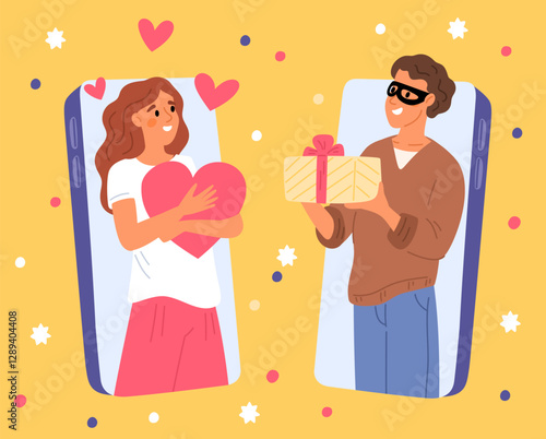 Male telephone love scammer. Dating application. Fake feeling. Couple communication. Man cheating woman. Smartphone app. Beloved girl. Phone crime. Cheater giving gift. Vector concept