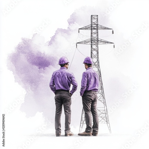 Workers in Purple Shirts and Hard Hats Standing by Electric Transmission Tower on a Misty Background with Artistic Watercolor Effect