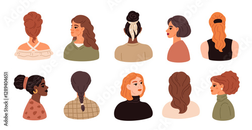Female portraits. Different hairstyles. Femininity diversity. Tenderness and beauty. Beautiful multinational women characters. Heads and shoulders. Stylish haircuts. Garish vector set