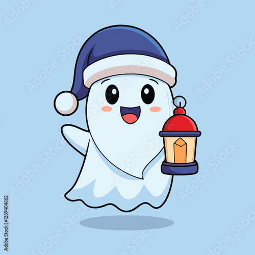 Cute Ghost Holding Lantern Cartoon Illustration  icon design