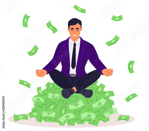 Businessman sitting in lotus position on cash money heap. Man meditating on banknotes pile. Dollars rain. Financial investment success. Billionaire wealth. Successful guy. Vector concept