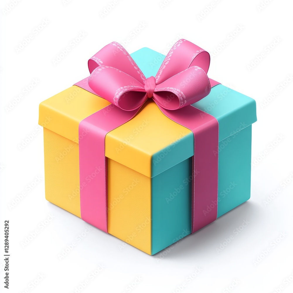 Obraz premium Trendy flat gift box icon featuring bright vibrant colors and symmetrical ribbon bow, on white 